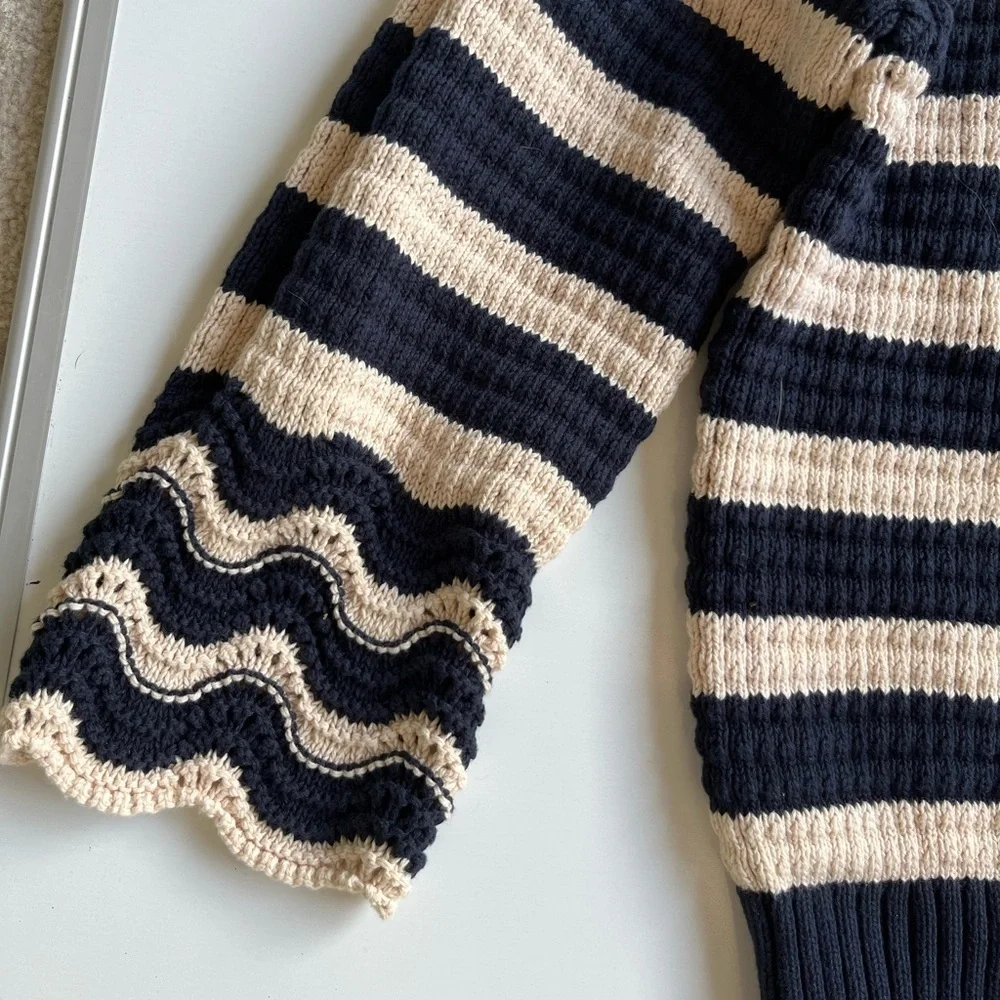 J. Crew Navy and Cream Striped Crew Neck Sweater- knit